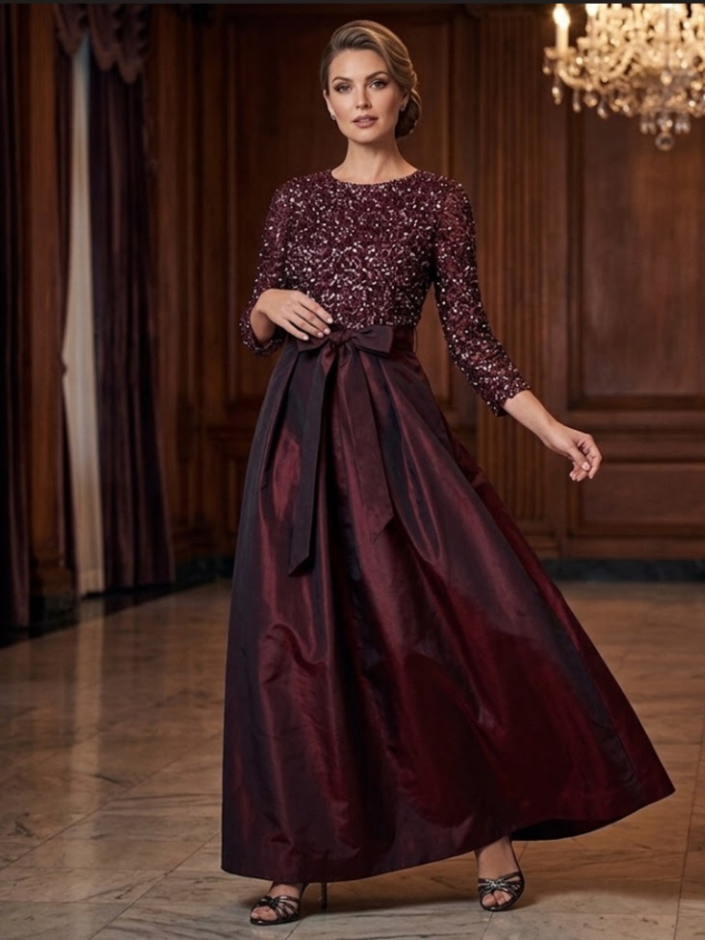 Pisarro Nights: Beaded Taffeta Gown in Wine Dress